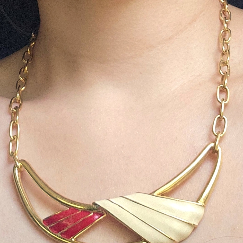 Vintage Monet Necklace: Red and Cream with Gold Enamel
